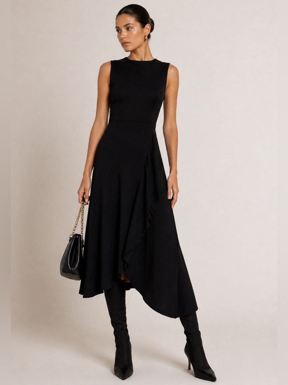 Victoria Beckham Black Asymmetric Midi Dress Sleeveless Structured Womens 8 EUC